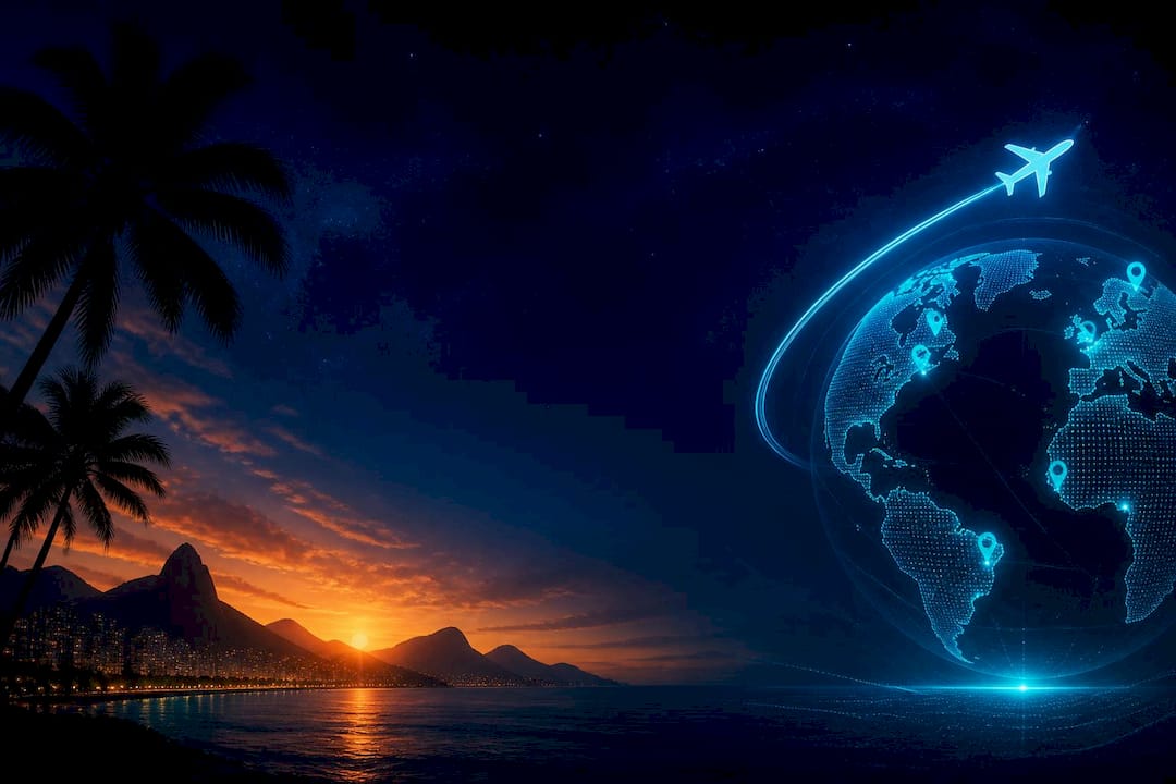 Planytera travel planning app concept: a glowing digital globe marked with international destination pins and a soaring airplane orbiting the world, set against a warm tropical coastal sunset with palm trees and city lights, representing AI-powered itinerary building for any destination