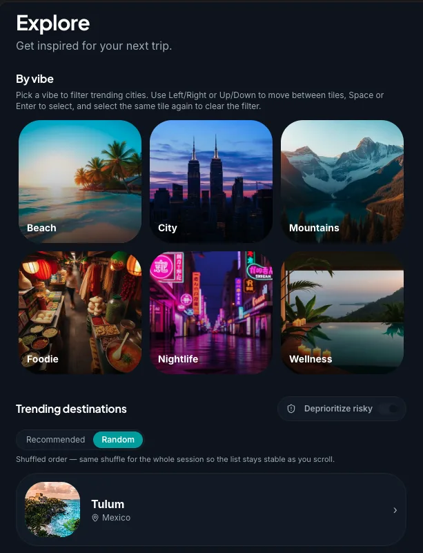 Explore screen with destination vibes and trending cities