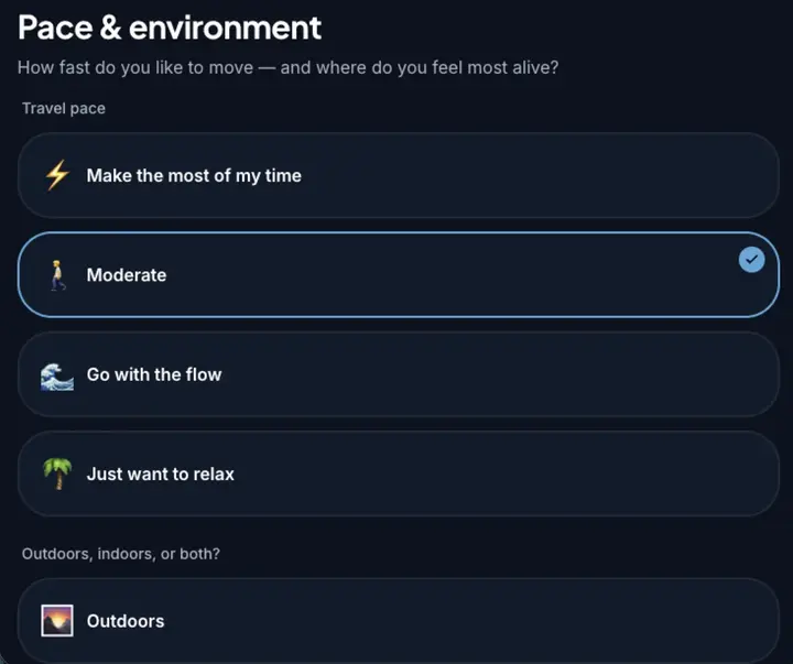 Onboarding step showing travel pace and environment preferences
